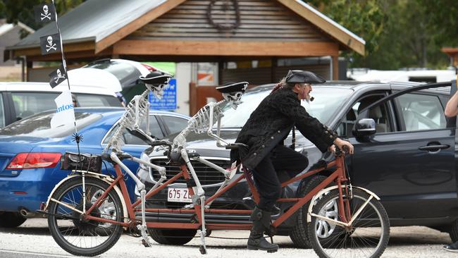 Captain Michael Pinchbeck on his tandem s̶h̶i̶p̶ bike. Picture: Tricia Watkinson