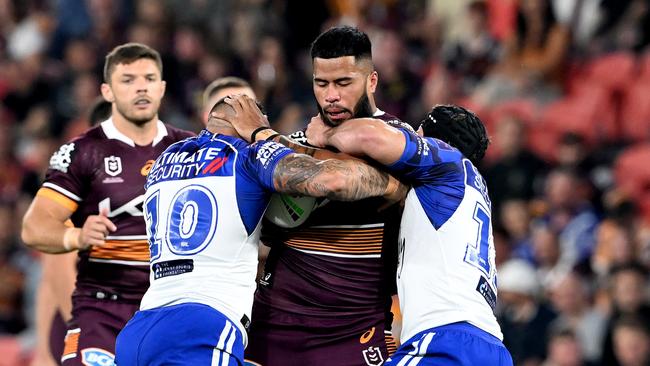 Payne Haas ran for over 200m against the Bulldogs on Friday night. Picture: Bradley Kanaris/Getty