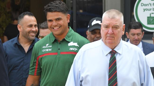 Latrell Mitchell joins South Sydney Rabbitohs walking with Wayne Bennett and Shane Richardson. The South Sydney Rabbitohs holding a media conference with new recruit Latrell Mitchell today, Monday 13 January at the Metricon High Performance Centre at Redfern Oval. (DAILY TELEGRAPH/Simon Bullard)