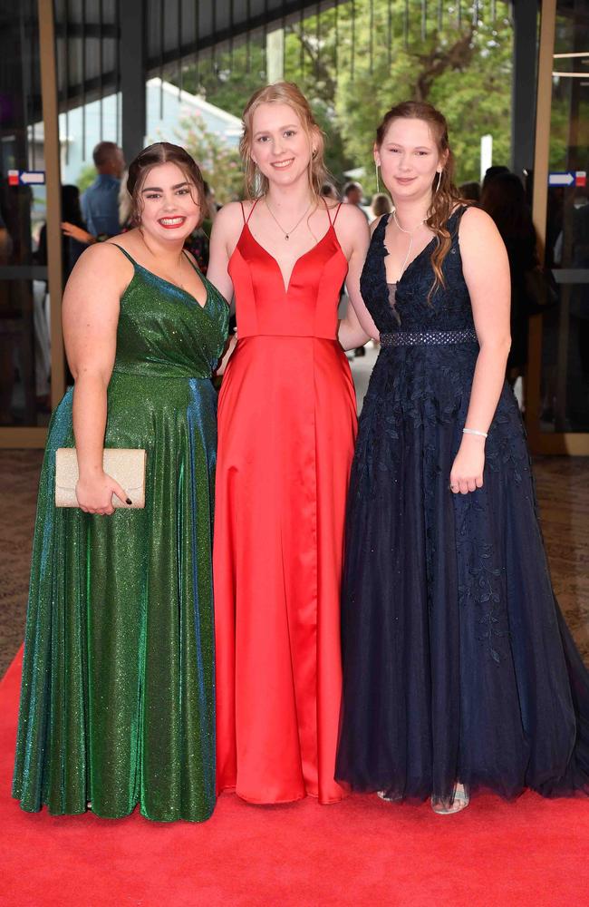 Hayley, Katey and Portia at Caloundra State High School formal. Picture: Patrick Woods.