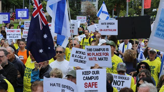 Pro-Israel counter-protesters gathered at the other side of University of Sydney's campus during pro-Palestine encampment rally held at the same time. Picture: Britta Campion