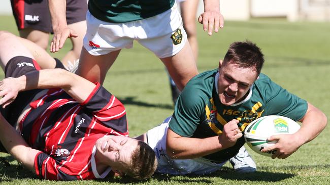 Farrer five-eight Mitchell Henderson barges over for a try. He scored all of Farrer’s points. Picture by Peter Lorimer.