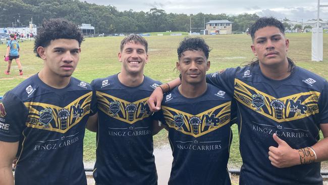 Tyson McDonald, Bailey Downs, Tipene Cooley and Motootua Kia of Mabel Park's Langer Reserves side after their semi-final win. Picture: Mitch Bourke.