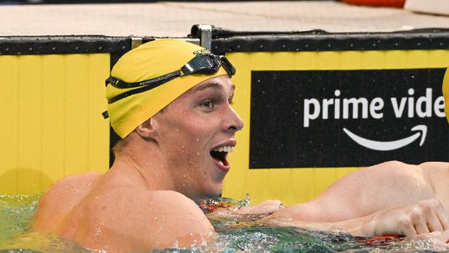 Australia's Zac Stubblety-Cook reacts after setting a new world record in the men's 200 metre breaststroke final on day 2 of the 2022 Australian Swimming Championships in Adelaide on May 19, 2022. (Photo by Brenton Edwards / AFP) / — IMAGE RESTRICTED TO EDITORIAL USE – STRICTLY NO COMMERCIAL USE —