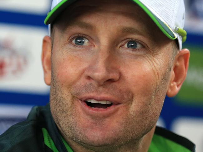 Australia's cricket team captain, Michael Clarke, smiles during a press conference at Old Merchant Taylors’ School, Northwood, England, Sunday June 21, 2015 ahead of their friendly match against Kent. Clarke has dismissed a suggestion from former Ashes winner Jason Gillespie that the current squad are too old to beat England this summer. In his first press conference ahead of the hotly-anticipated series which begins in Cardiff on July 8, Clarke cut a relaxed figure as he said Australia were feeling good about their preparations.(Nigel French/PA via AP) UNITED KINGDOM OUT NO SALES NO ARCHIVE