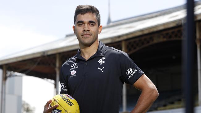 MELBOURNE, AUSTRALIA - NOVEMBER 29: Jack Martin poses for his picture as Carlton Blues Football Club announce the acquisition of Jack Martin at Ikon Park on November 29, 2019 in Melbourne, Australia. (Photo by Con Chronis/Getty Images)