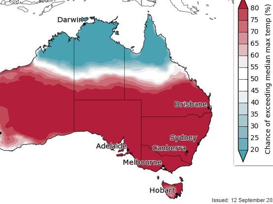 The Bureau of Meteorology's Spring Outlook shows most areas of Australia are expected to have above-median temperatures this season.