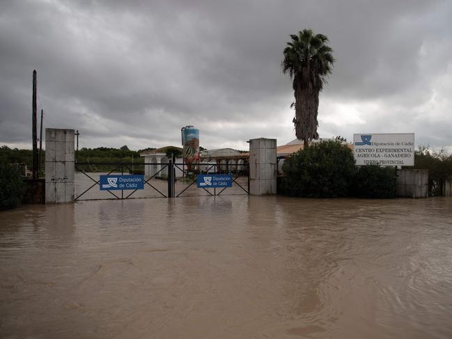 A flooded road leading to an agriculture and breeding research centre in Jerez de la Frontera, near Cadiz, after heavy rains hit southern Spain. Picture: AFP