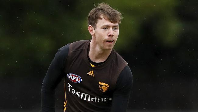 MELBOURNE, AUSTRALIA - JUNE 08: Lachlan Bramble of the Hawks in action during the Hawthorn training session at Waverley Park on June 08, 2021 in Melbourne, Australia. (Photo by Dylan Burns/AFL Photos via Getty Images)