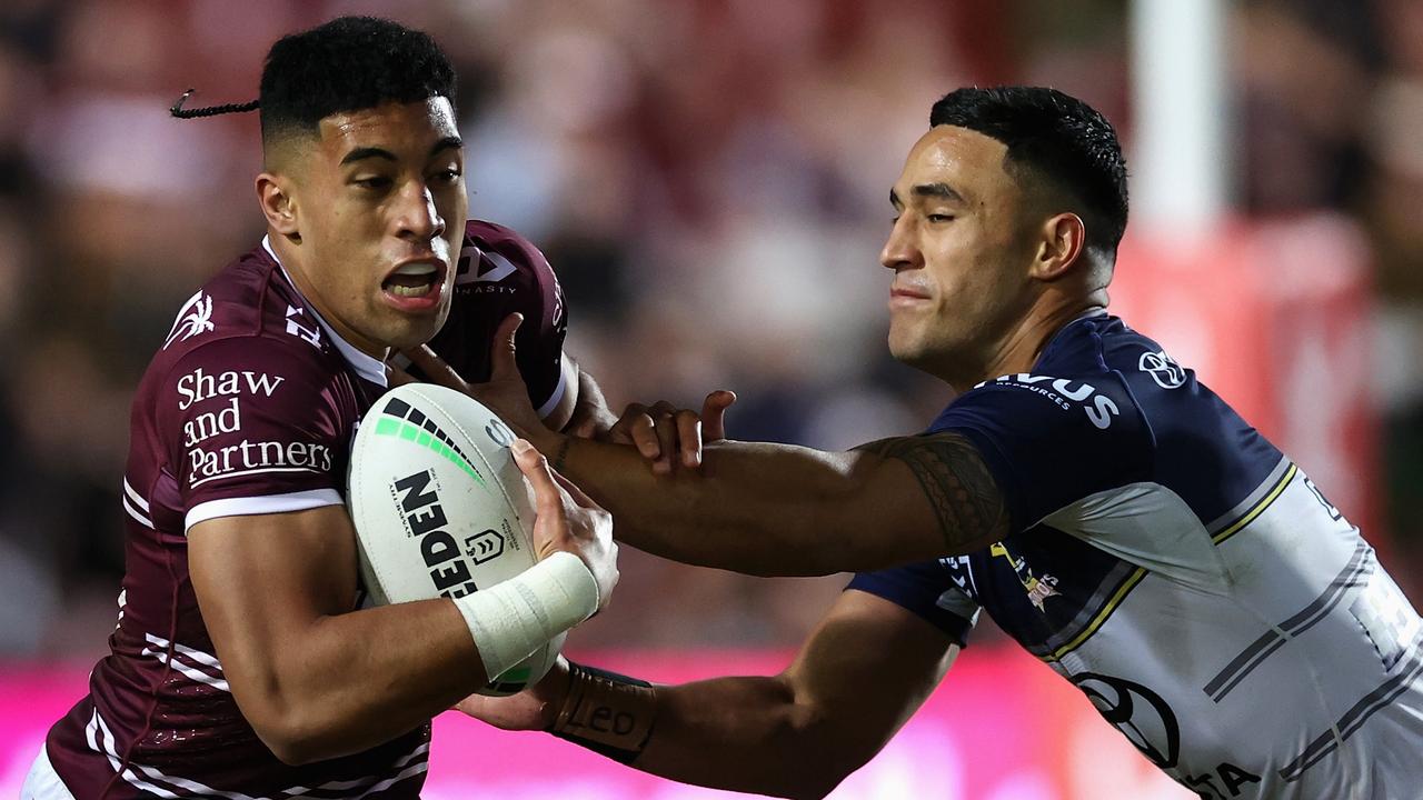 Sydney, Australia. 23rd July, 2023. Tolutau Koula of the Sea Eagles  celebrates a try during the NRL Round 21 match between the  Cronulla-Sutherland Sharks and the Manly Warringah Sea Eagles at PointsBet
