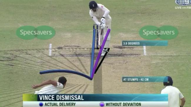 Channel 9 graphic of Mitchell Starc's unplayable delivery to remove James Vince for 55 on Day 4 of the Third Test. Picture: Supplied