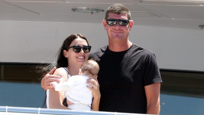 James and Erica Packer with an infant Emmanuelle on their boat in Sydney Harbour celebrate New Year's Eve 2012. Picture: Adam Taylor