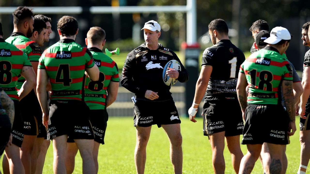 Souths Coach Michael Maguire talks to his team during South Sydney Rabbitohs training at Redfern Oval, Redfern. Picture: Gregg Porteous