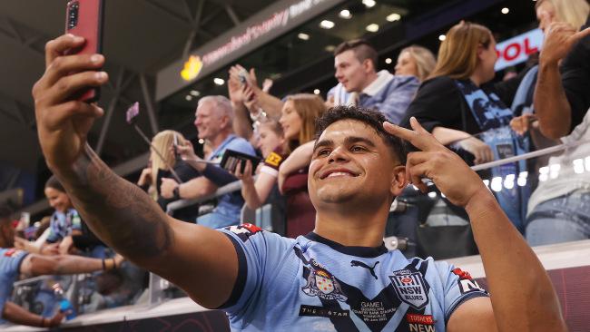 Latrell Mitchell of the Blues poses with fans after winning game one. Picture: Mark Kolbe/Getty Images