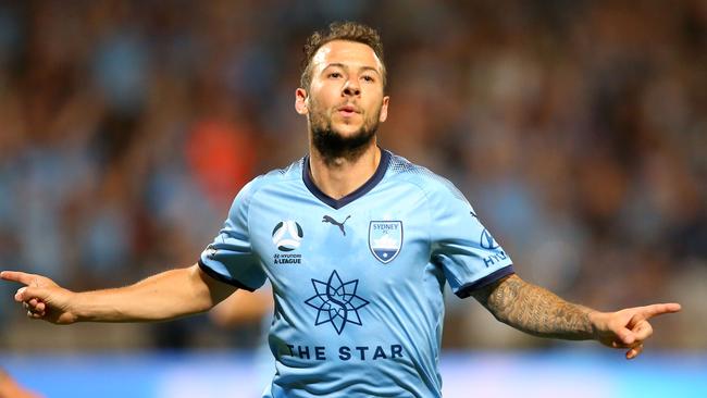 Adam Le Fondre celebrates a goal against the Roar last week. Picture: Getty Images