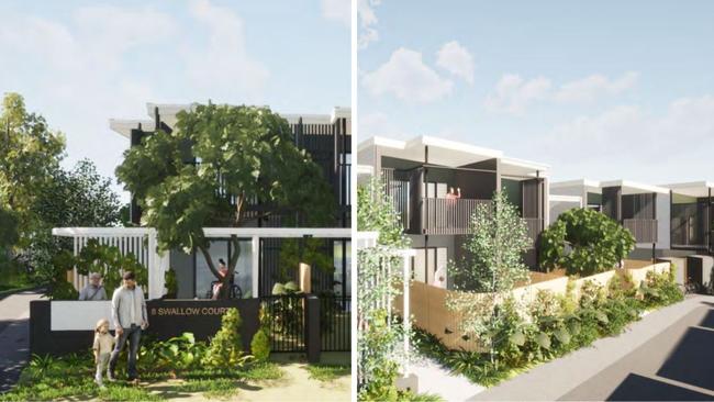 The modern multimillion-unit complex will feature a dark colour palette juxtaposition with white panelling, alongside straight boxlike lines and greenery. Picture: Hutchies