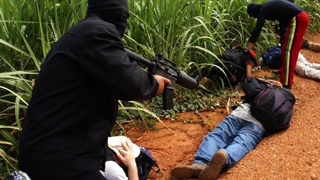 Participants are subjected to a kidnap scenario as part of Hostile Environment Training in Thailand. Picture: The Feed\SBS 2