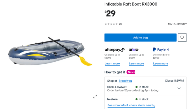 The inflatable row boat is just $29 at Kmart. Image: Kmart