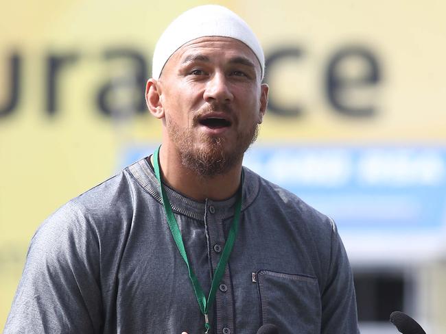 Sonny Bill Williams speaks during a remembrance service for the Christchurch massacre at Eden Park in Auckland in March.