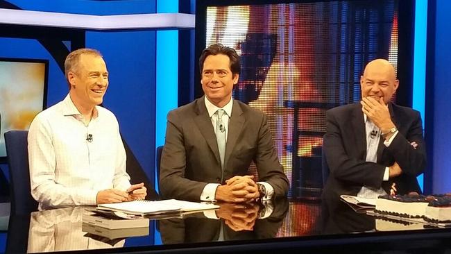 Gerard Whateley, seen here with AFL boss Gill McLachlan, will continue hosting AFL 360 with Herald Sun chief football writer Mark Robinson.