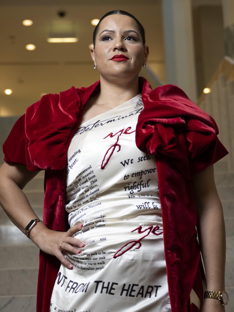 Senator Jana Stewart wears a ‘Yes’ gown by Indigenous fashion label Clothing The Gap. Picture: NCA NewsWire / Martin Ollman