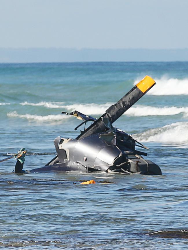 The wreckage of the crashed helicopter crash in the sea between Ocean Grove and Point Lonsdale. Picture: Alan Barber
