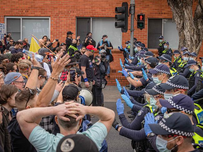 Tensions ran high when protesters and police faced off. Picture: Jason Edwards