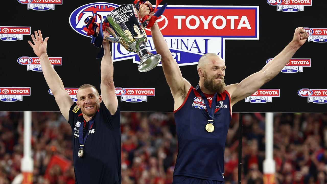 Melbourne coach Simon Goodwin and skipper Max Gawn relish premiership glory. Picture: Michael Klein