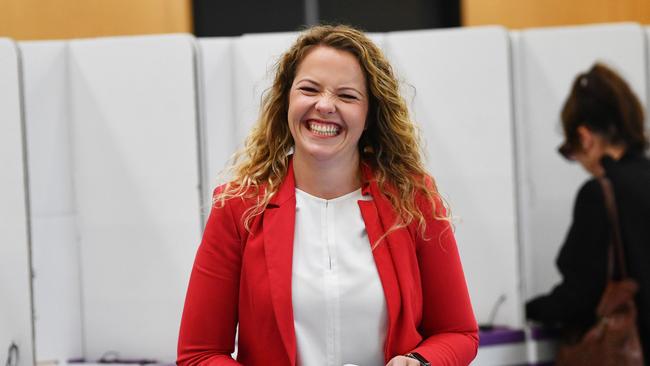 Labor candidate for Boothby Nadia Clancy at Paringa Park Primary School in Brighton on election day. Picture: David Mariuz/AAP