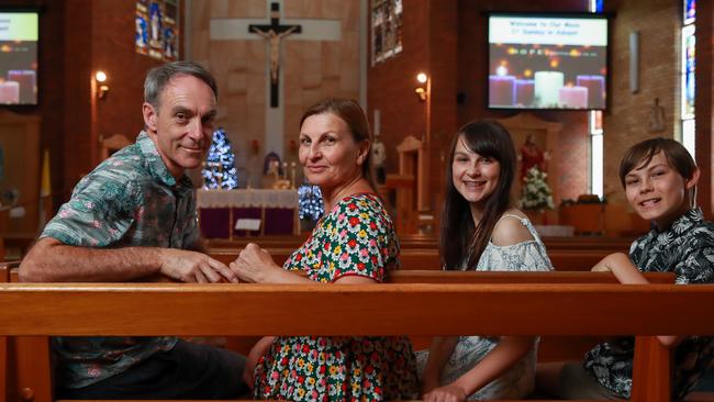 Bruce Stewart and Barbara Godlewski with their children Eloise Godlewski, 14, and Sascha Stewart, 10, at St Aloysius Catholic Church, Cronulla. Picture: Justin Lloyd