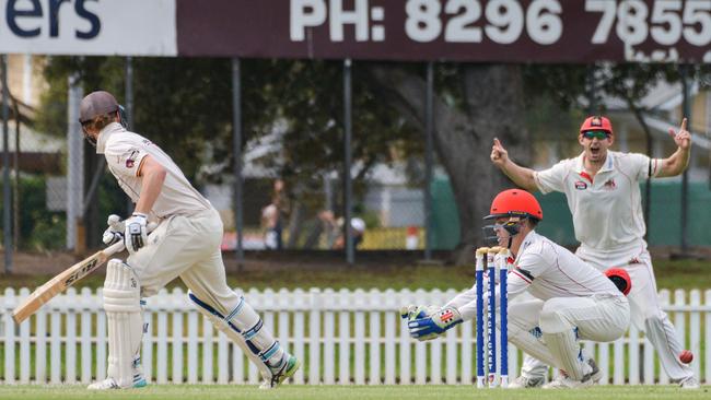 Kensington batsman Josh Doyle survives a dropped catch from Adelaide wicket keeper Alex Eckland. Picture: AAP/Brenton Edwards