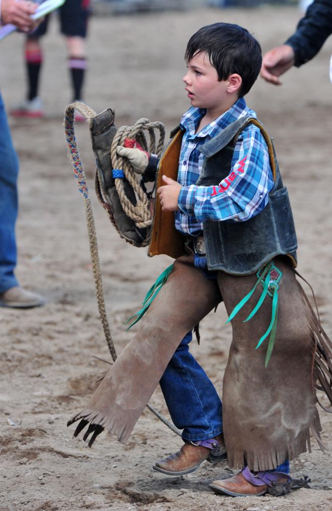 Dallon Finch, 6, after his poddy calf ride at the 2012 Bartlett Park Rodeo.