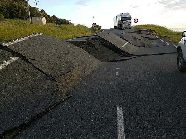 State Highway One near Oaro on the South Island after it was rocked by a 7.5 magnitude quake. Picture: AFP PHOTO / NEW ZEALAND TRANSPORT AGENCY / STR