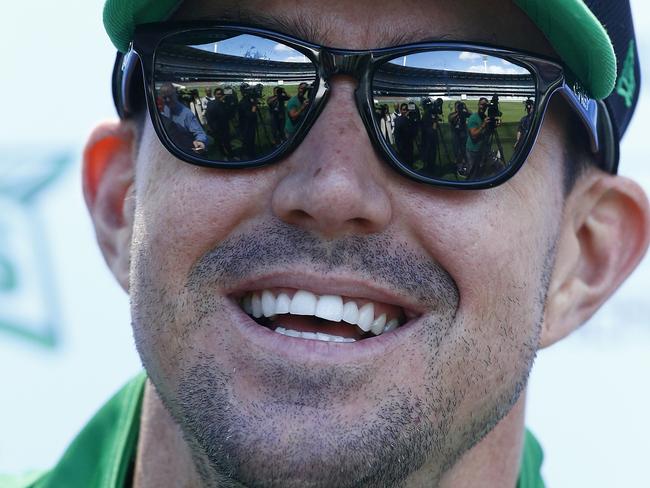 Kevin Pietersen puts on a smile for the media upon arriving in Australia. Picture: Wayne Ludbey