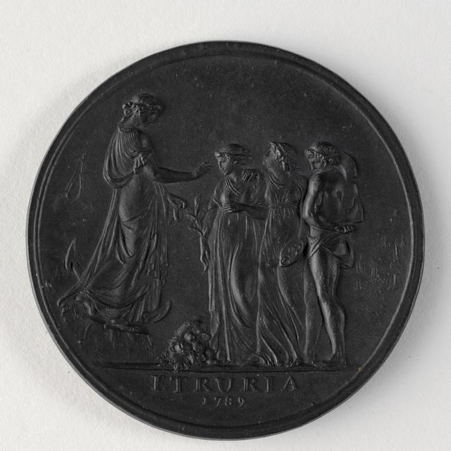 Wedgwood: Master Potter to the Universe exhibition. Sydney Cove Medallion 1789, earthenware using clay from Sydney Cove. Wedgwood (Britain, established 1759), Henry Webber, designer, William Hackwood, modeler. Mitchell Library, State Library of New South Wales. Bequest of L. Richard Smith, 2003