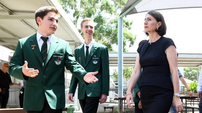 Gladys Berejiklian on a visit to Heathcote High School in Sydney’s south yesterday. Picture: AAP