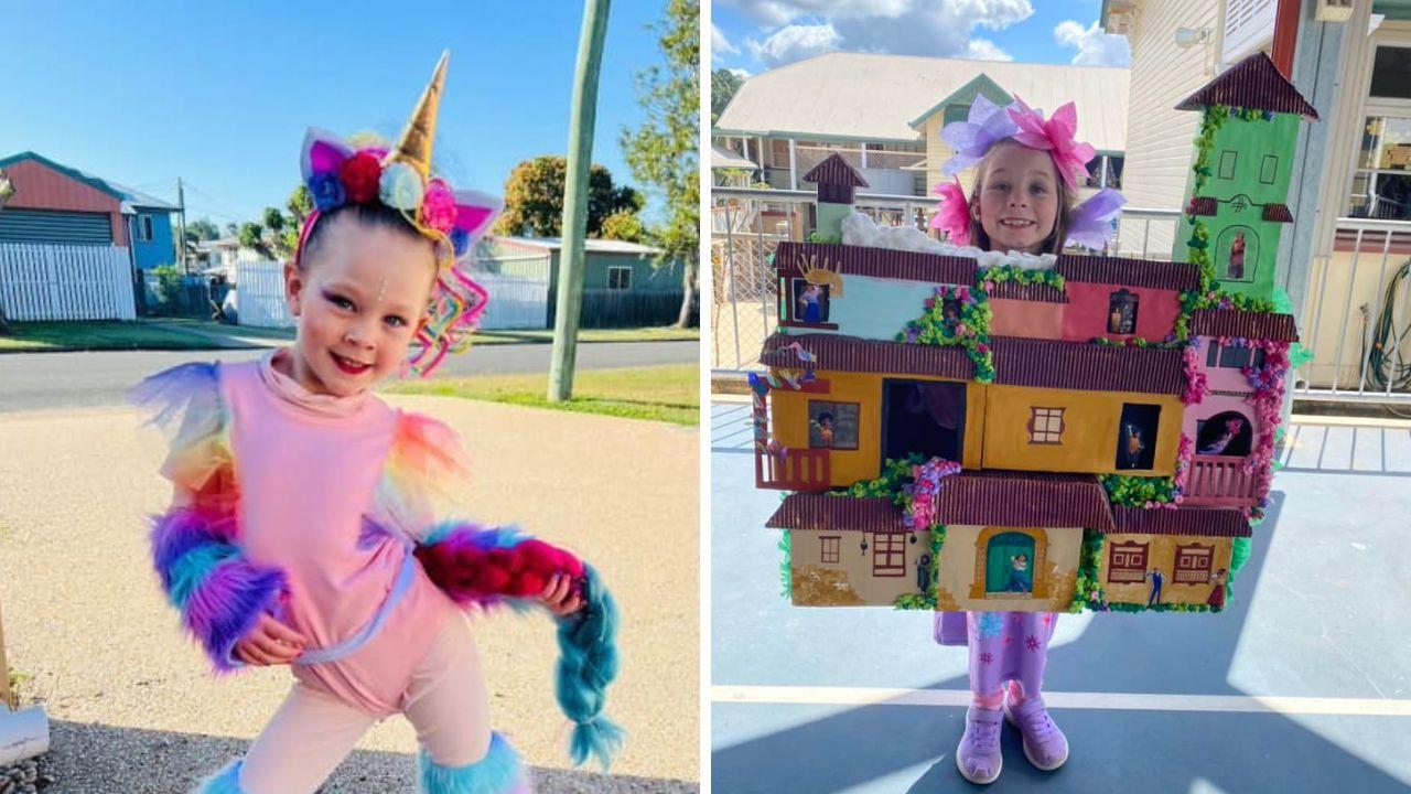 Aveya dressed as Sweet Unicorn (left) and Ava dressed as the Encanto Magical Madrigal House (right).