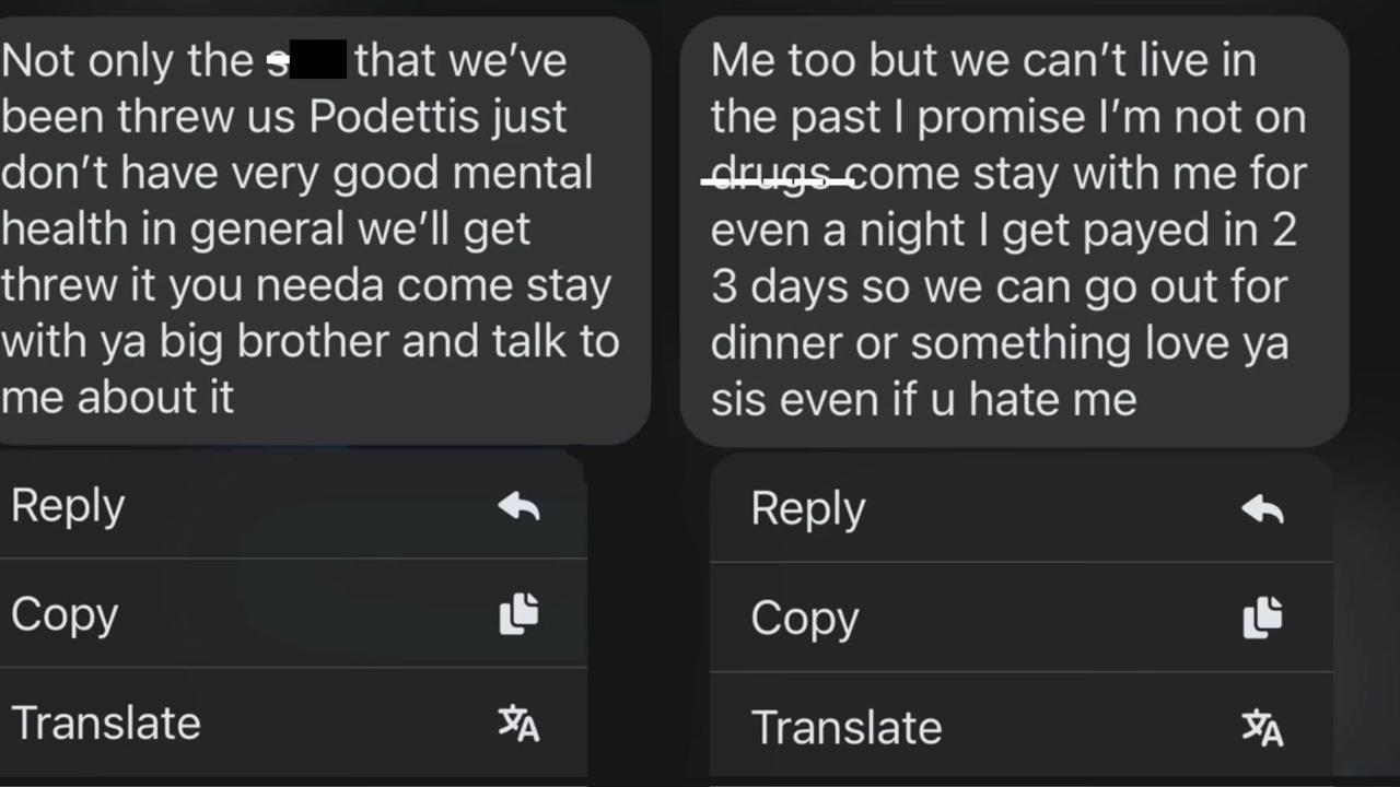 Some of Levi Podetti’s text messages with his younger sister shortly before his death by suicide.
