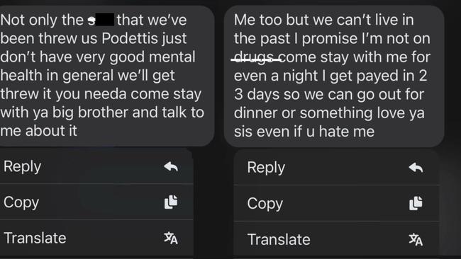 Some of Levi Podetti’s text messages with his younger sister shortly before his death by suicide.