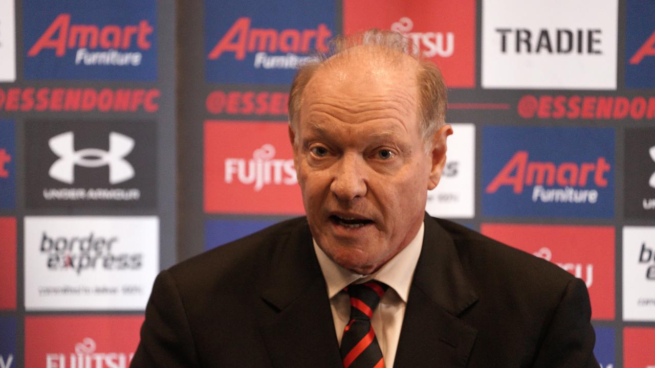 Essendon Football Club president David Barham gives a press conference at the club house. Picture: NCA NewsWire / Luis Enrique Ascui