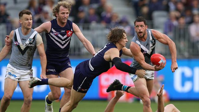 The midfield battle between Travis Boak and Nat Fyfe was one of the highlight’s of Fremantle’s clash with Port Adelaide. Picture: Paul Kane/Getty Images.