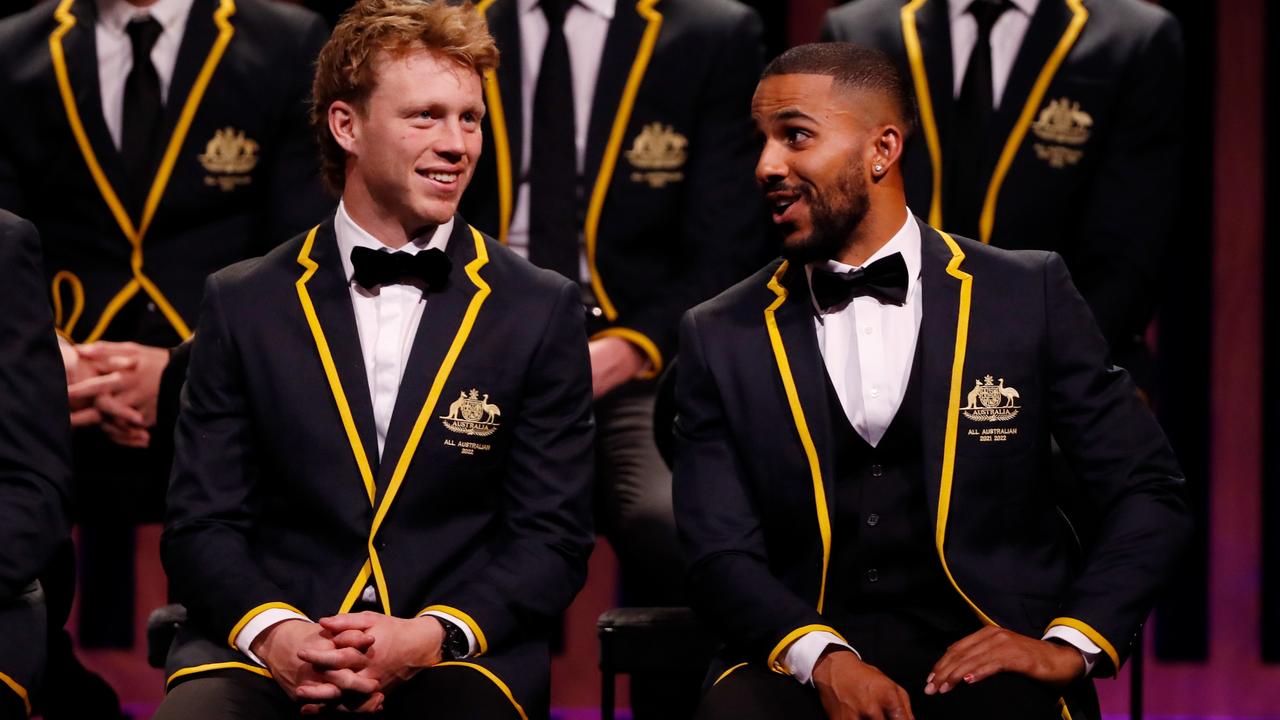 Callum Mills (left), with Gold Coast co-captain Touk Miller, was honoured to make the All-Australian team for the first time. Picture: Getty Images