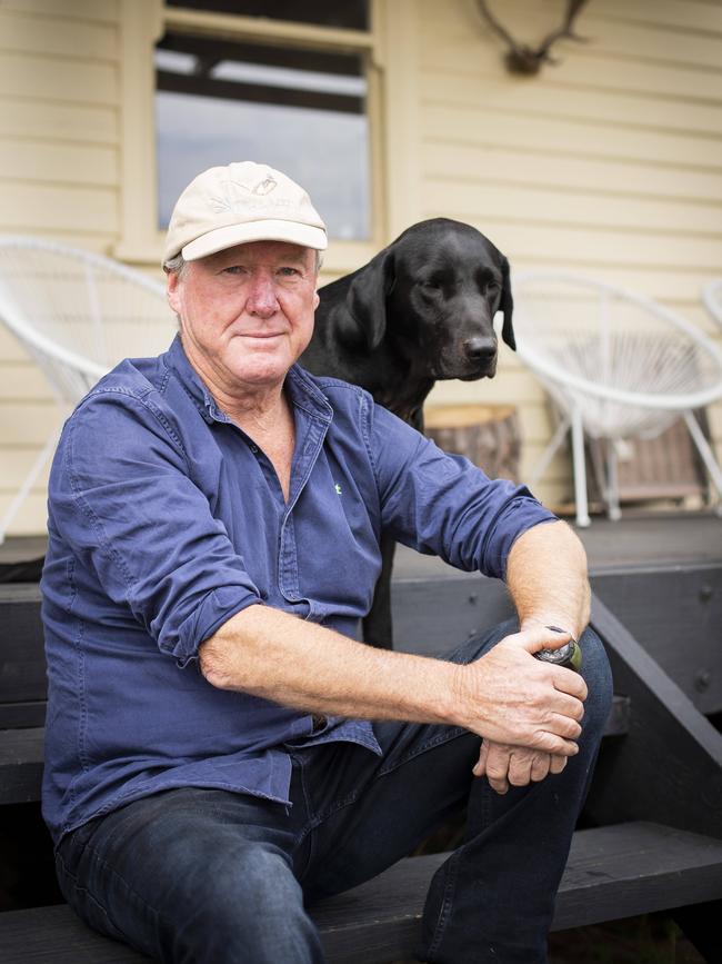 Bryan Green with his dog, Grits, at his Twin Lakes Sporting Retreat. Picture: Richard Jupe