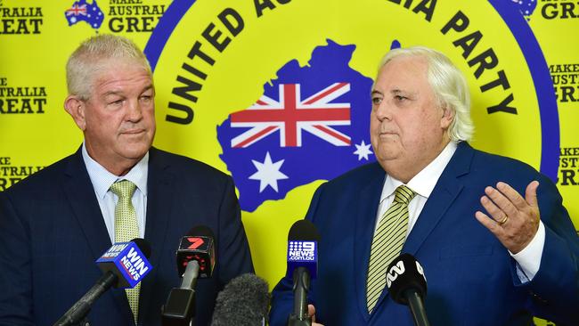 Greg Dowling, mayoral candidate for Townsville and United Australia Party leader Clive Palmer, when Mr Dowling was a federal UAP candidate for Herbert Picture: Shae Beplate.