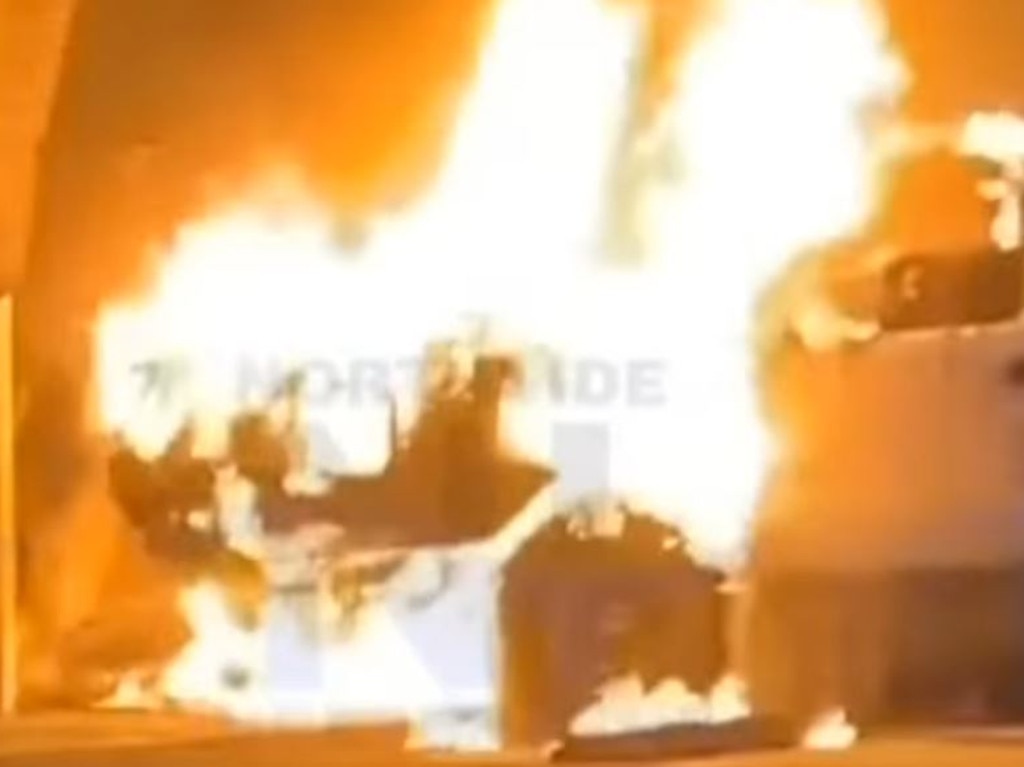 The Nissan Navara on fire. Picture: Seven News