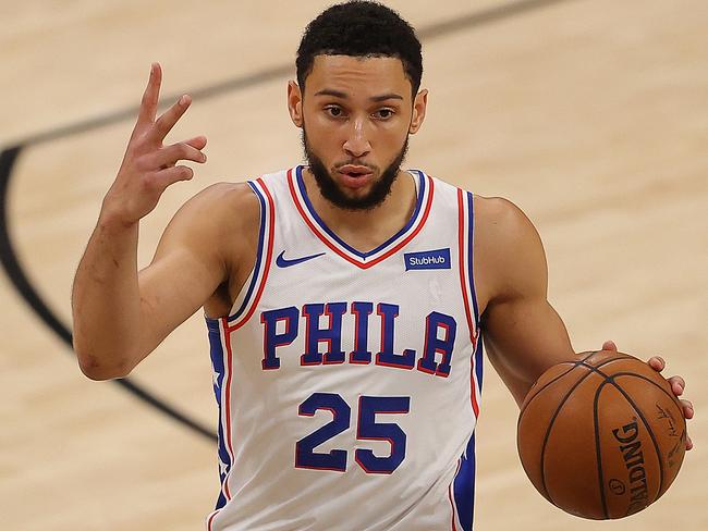 ATLANTA, GEORGIA - JUNE 18:  Ben Simmons #25 of the Philadelphia 76ers calls out a play against the Atlanta Hawks during the first half of game 6 of the Eastern Conference Semifinals at State Farm Arena on June 18, 2021 in Atlanta, Georgia.  NOTE TO USER: User expressly acknowledges and agrees that, by downloading and or using this photograph, User is consenting to the terms and conditions of the Getty Images License Agreement. (Photo by Kevin C. Cox/Getty Images)