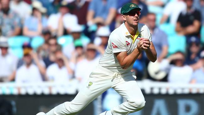 Josh Hazlewood takes the catch to remove Jack Leach. Picture: Getty Images