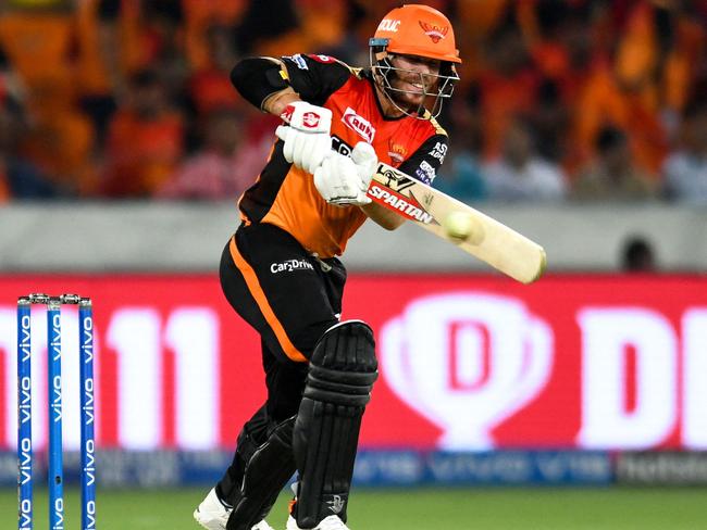 (FILES) In this file photo taken on April 29, 2019 Sunrisers Hyderabad cricketers David Warner plays a shot during the 2019 Indian Premier League (IPL) Twenty20 cricket match between Sunrisers Hyderabad and Kings XI Punjab at the Rajiv Gandhi International Cricket Stadium in Hyderabad. - Australia opener David Warner has hinted that he could miss the rest of Sunrisers Hyderabad's Indian Premier League matches after being dropped for the second time this season. (Photo by NOAH SEELAM / AFP) / ----IMAGE RESTRICTED TO EDITORIAL USE - STRICTLY NO COMMERCIAL USE-----