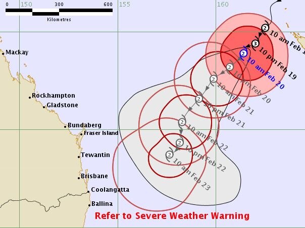 The 12.15pm Bureau of Meteorology update showing the predicted path of Cyclone Oma.