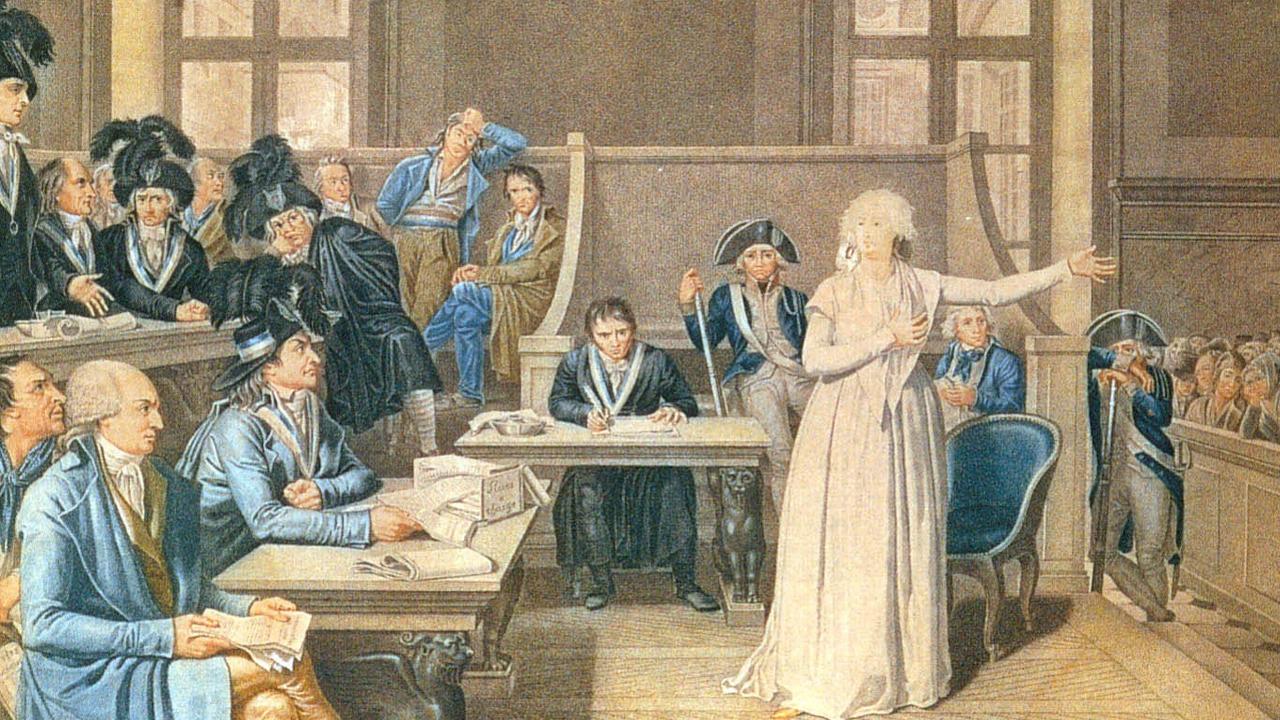 Painting of Marie Antoinette appealing to the court during her trial.